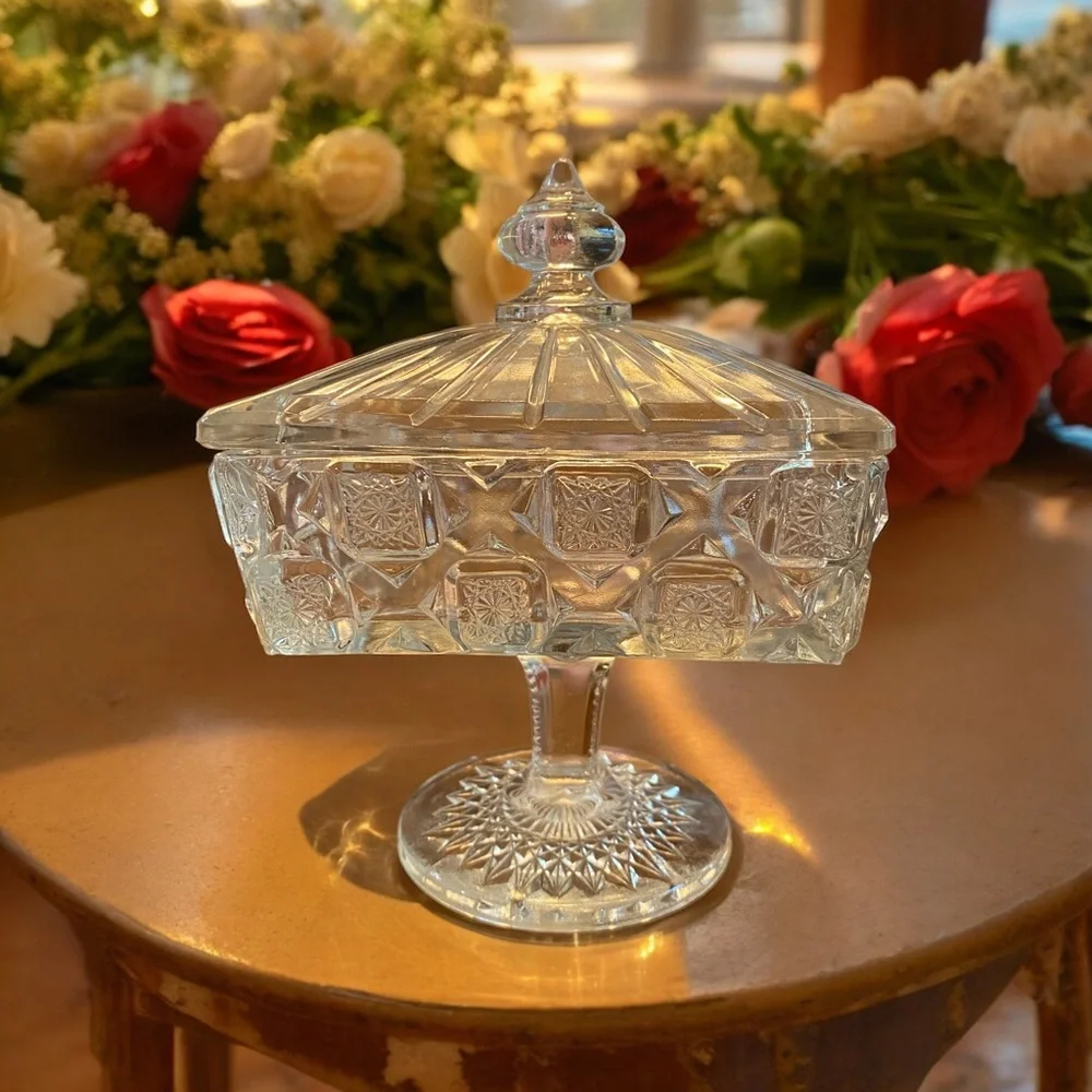 VTG EAPG Westmoreland Checkerboard Bridal Rosette Square Covered Candy Dish 7